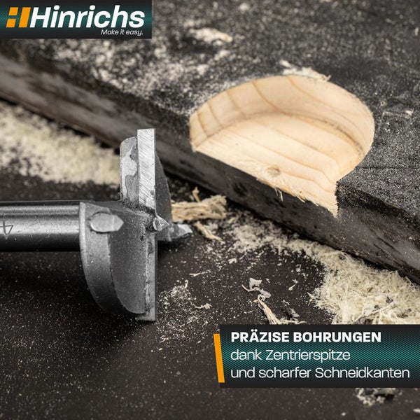 Holzoberflächen wie Faserplatten, Hartholz, lackiertes Holz und Weichholz mit Bohrlöchern. Text: Für Bohrungen in jeder Art Holz geeignet.