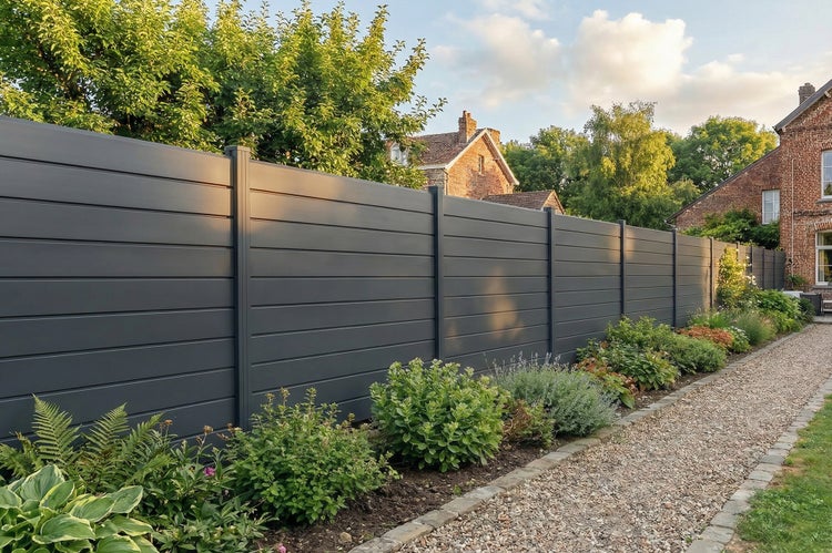 Moderner anthrazitfarbener Sichtschutzzaun mit horizontalen Lamellen in einem Garten neben einem Kiesweg und grünen Pflanzen.