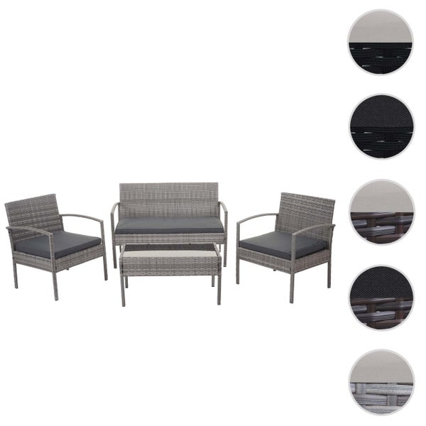 Garten-Lounge-Set aus Poly-Rattan bestehend aus einem Sofa, zwei Sesseln und einem Tisch inklusive Sitzkissen. Detailansichten der Materialien.