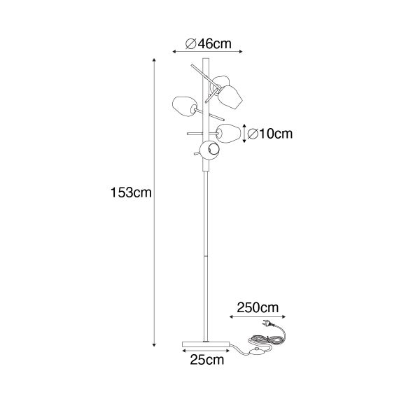 Technische Zeichnung einer Stehlampe mit den Maßen: Höhe 153 cm, Durchmesser Lampenschirm 10 cm, Durchmesser gesamt 46 cm, Kabellänge 250 cm, Standfuß 25 cm.