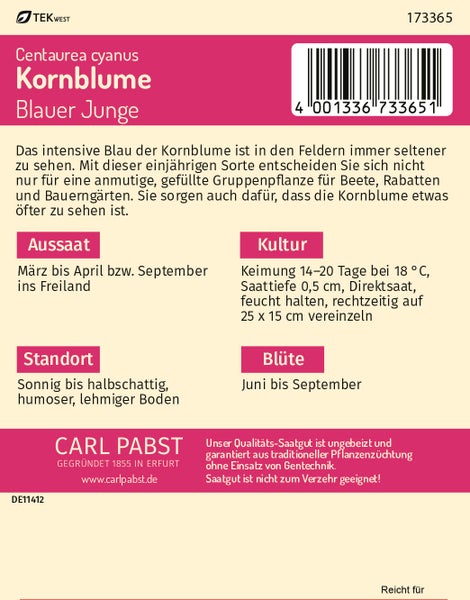Rückseite der Saatgutpackung für Kornblume Blauer Junge von Carl Pabst mit Informationen zu Aussaat, Kultur, Standort und Blütezeit.