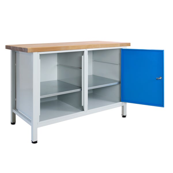 PROREGAL Werkbank Rhino mit 1 Tür Regalteil HxBxT 84 x 120 x 60 cm Traglast 300 kg Lichtgrau Blau