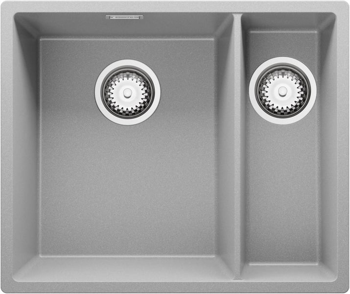 PRIMAGRAN Spülbecken Grau 56x47cm, Granitspüle 1,5 Becken + Ablauf-Set, Küchenspüle ab 60er Unterschrank - London Slim Duo
