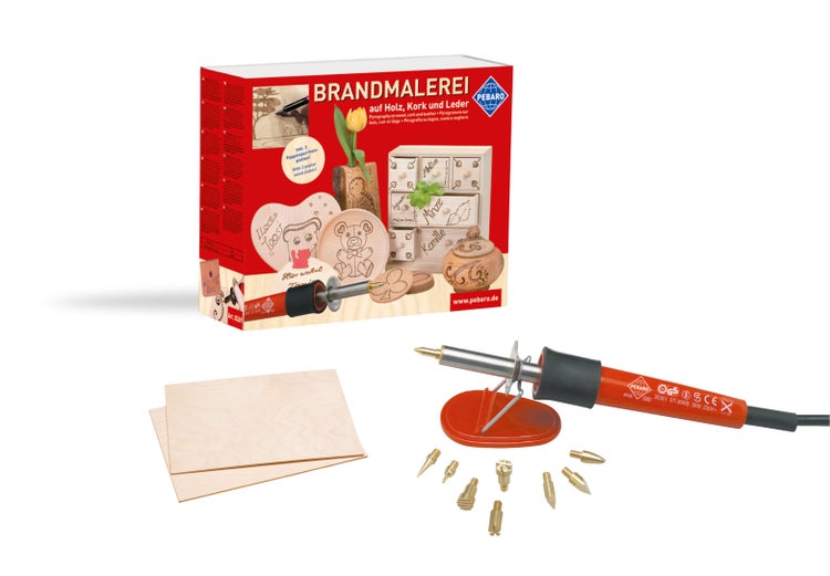 Pebaro Brandmalerei Set mit Brennkolben, Ablageständer, verschiedenen Brennspitzen und Holzplatten für kreative Holzarbeiten.