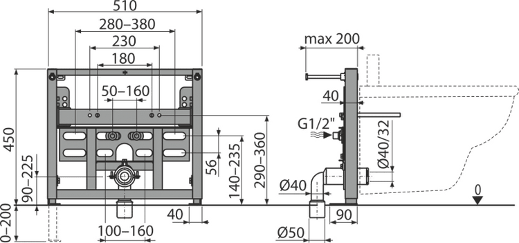 Technische Zeichnung eines Vorwandelements mit detaillierten Maßangaben in Millimetern für die Vorder- und Seitenansicht.