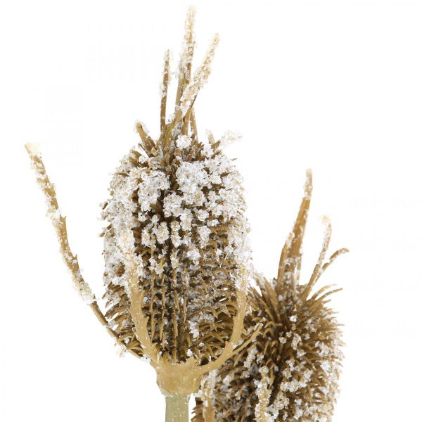 Detailansicht einer künstlichen Distel mit Schnee-Effekt für winterliche Dekorationen.