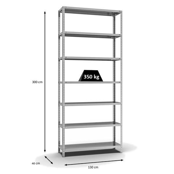 PROREGAL Fachbodenregal Schraubsystem Heavy-Duty Grundregal HxBxT 300 x 130 x 40 cm 7 Ebenen Fachlast 350 kg Beidseitig Nutzbar Verzinkt