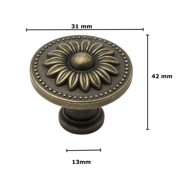 Möbelknopf im Blumendesign mit den Maßen 31 mm Breite und 42 mm Höhe