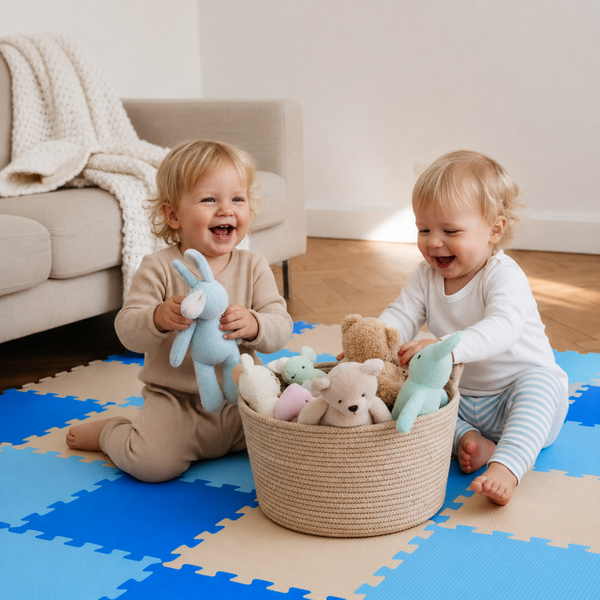 Zwei Kleinkinder spielen auf einer puzzleartigen Bodenmatte mit Kuscheltieren, die in einem runden Korb aus geflochtenem Textil aufbewahrt werden.