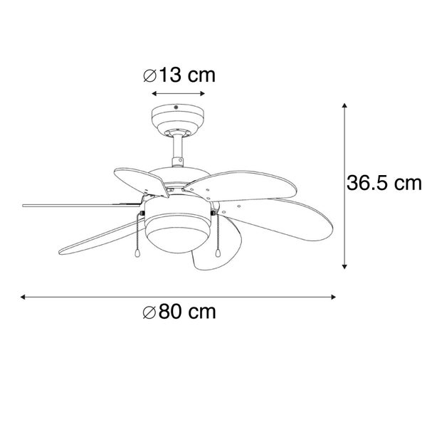 Strichzeichnung eines Deckenventilators mit Maßangaben Durchmesser 80 Zentimeter und Höhe 36,5 Zentimeter.