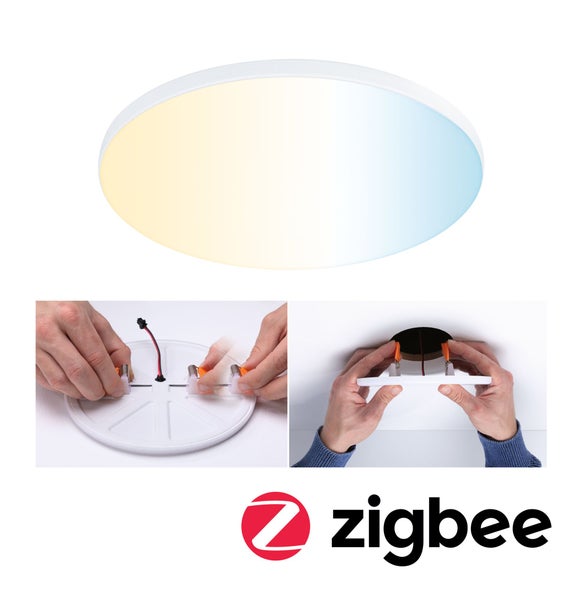 Runde Deckenleuchte und Montagebeispiele mit Zigbee Logo