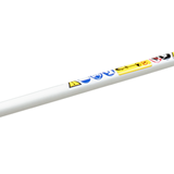 Stiel einer Motorsense mit Sicherheitshinweisen