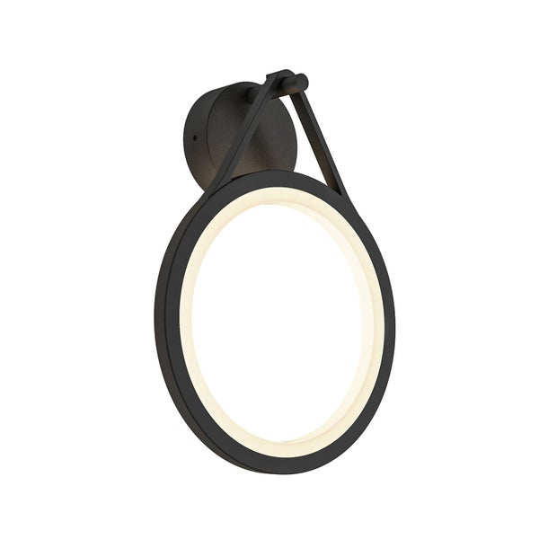 Schwarze LED-Wandleuchte in Ringform mit warmweißem Licht.