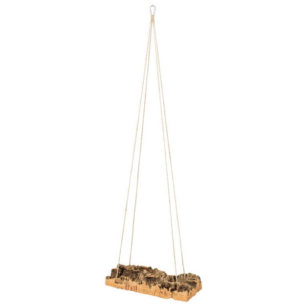 Hängende Schaukel aus Naturkork für Vögel mit vier Seilen und Metallhaken.
