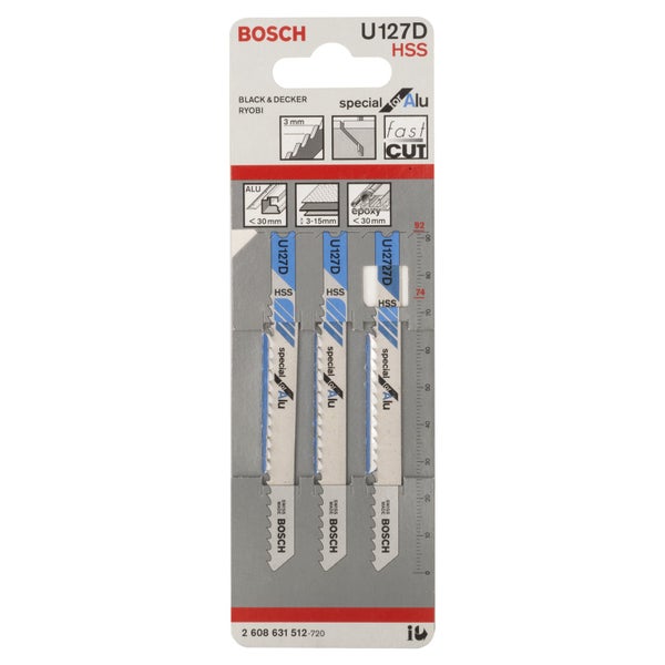 Bosch Stichsägeblätter U127D HSS, Set mit drei Stück, geeignet für Aluminium
