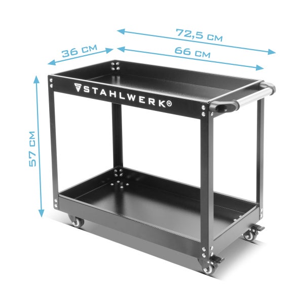 Stahlwerk Werkzeugwagen mit den Massen 72,5 cm Länge, 36 cm Breite und 57 cm Höhe.