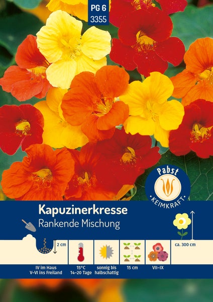 Kapuzinerkresse Rankende Mischung, Pabst Keimkraft Logo, bunte Blüten, Pflanzsymbole und Wuchshöhe von circa 300 Zentimeter.