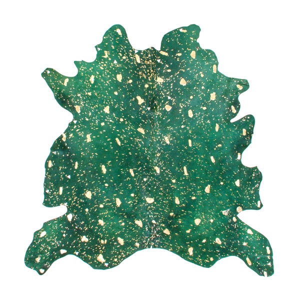 Flachflor Teppich Serenata Flaschengrün / Gold Leder Kuhfell naturbelassen 1,35 - 1,65qm
