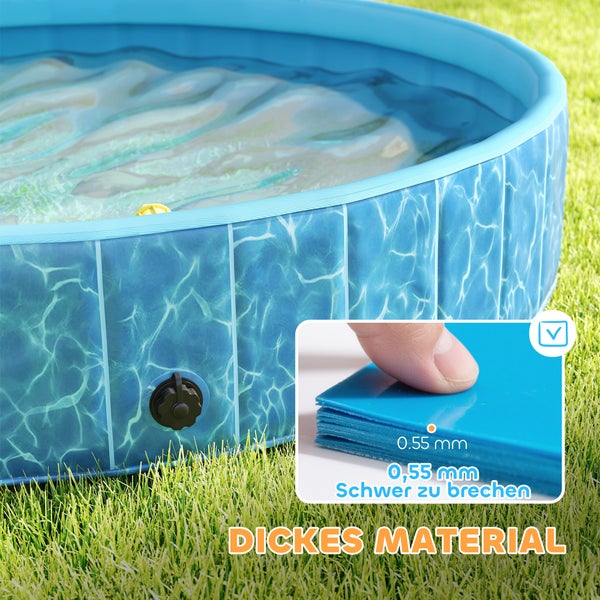 Aufstellpool auf Rasen mit einer Detailansicht des 0,55 Millimeter dicken, robusten Materials.