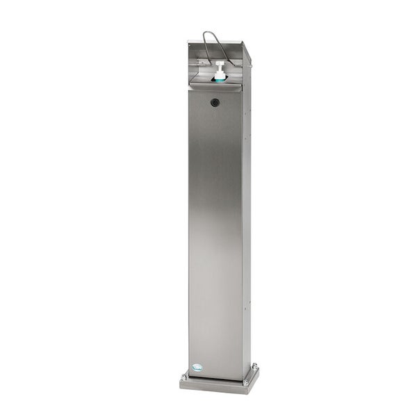 Desinfektionsmittelständer aus Edelstahl, freistehend, mit Armhebel zur Handhygiene.
