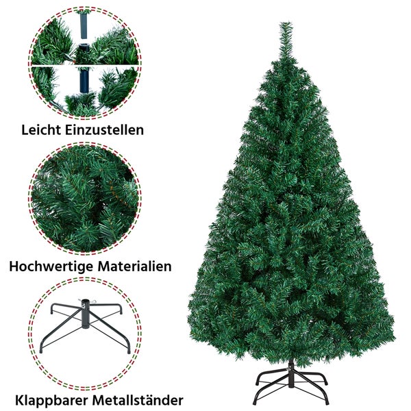 Geschmückter Weihnachtsbaum mit Geschenken und Hund im Wohnzimmer.