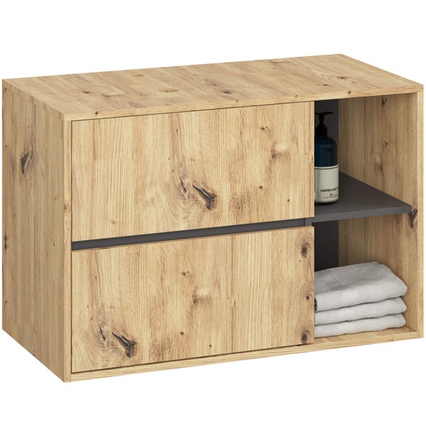 Holzfarbener Waschtischunterschrank mit zwei Schubladen und offenem Regal