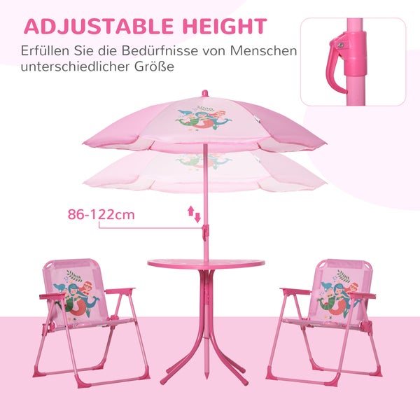 Outsunny 4tlg. Kindersitzgruppe, Gartentisch mit 2 Klappstühle, für 3-6 Jahre, Ø49,5 x 50H cm, Metall, Polyester, Rosa
