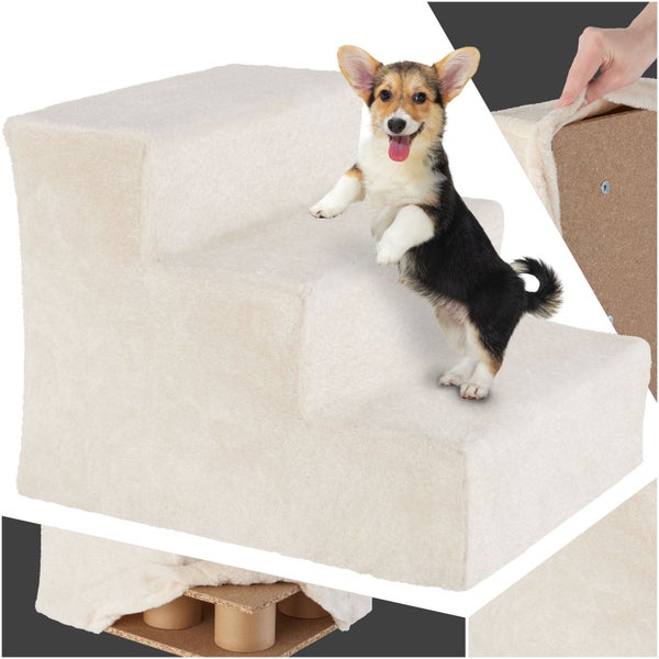 Haustiertreppe mit drei Stufen und einem Hund, der die Treppe benutzt