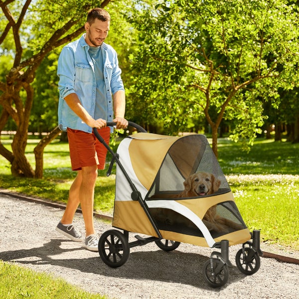PawHut Hundewagen Hundebuggy klappbar für große Hunde & Katzen bis 30 kg Katzenbuggy mit Kissen Netzfenstern Türen Aufbewahrungstasche Katzenwagen mit Sicherheitsleinen, Bremsen, Buggy Braun