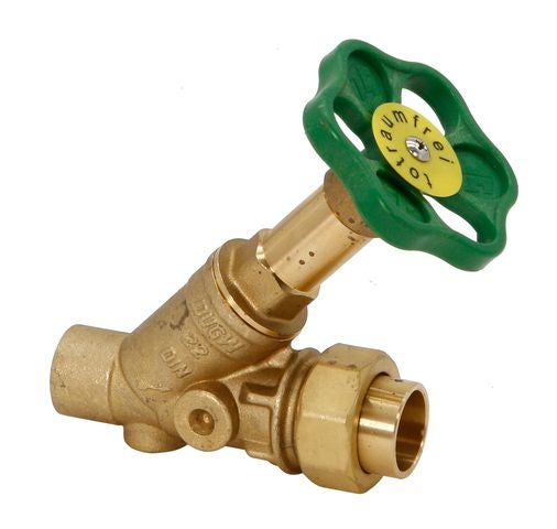 Schrägsitzventil aus Messing mit grünem Handrad und Entleerung, totraumfrei