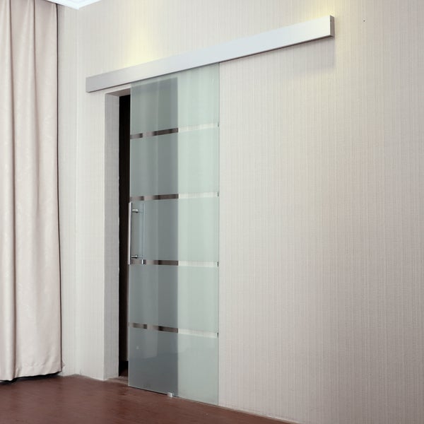 HOMCOM Glasschiebetür Schiebetür Tür Zimmertür mit Griffstange einseitig satiniert mit Streifen 90 x 205 cm