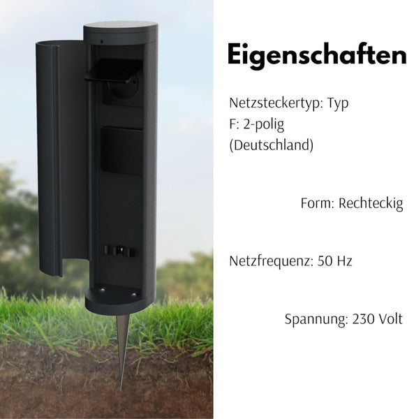 Rechteckige Außensteckdosensäule mit Erdspieß, Typ F, 230 Volt, 50 Hertz.