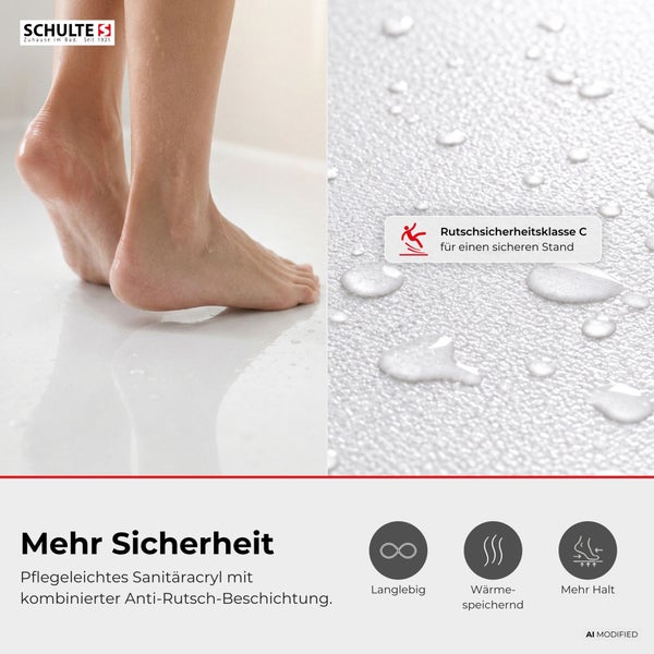 Schulte Duschwanne aus Sanitäracryl mit Anti-Rutsch-Beschichtung für mehr Sicherheit und Rutschsicherheitsklasse C im Badezimmer.