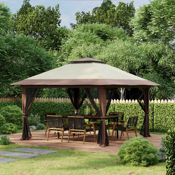 Outsunny Faltpavillon 4 x 4 m, Pavillon mit 4 Moskitonetz, Höhenverstellbares Pop-Up-Zelt UV-Schutz 50+, Partyzelt mit Doppeldach, Tragetasche, für Balkon, Campingplatz, Oxford-Polyester Beige