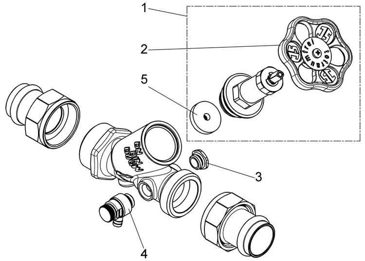 Explosionszeichnung eines Schrägsitzventils mit Zertifizierungszeichen, Handrad, Entleerventil und Verschraubungen.