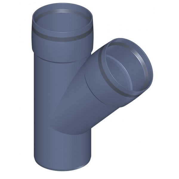 Grauer Hochtemperatur-Abzweig aus Kunststoff für Abwasserrohre mit einer 45 Grad Abzweigung und Dichtungsringen.