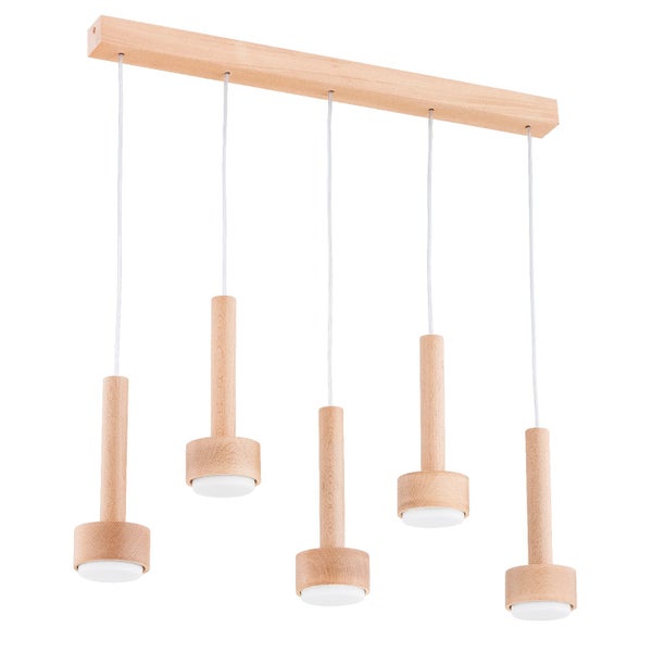 Fünfflammige Pendelleuchte aus Holz mit zylindrischen Leuchtenköpfen an Kabeln für eine moderne Innenbeleuchtung.