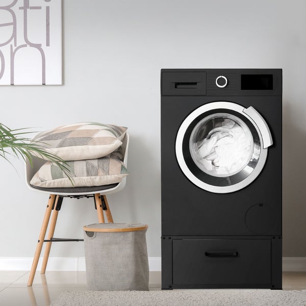 ML-Design Waschmaschinen Untergestell mit Schublade 63x54cm Stahl Schwarz bis 150kg, Waschmaschinen-Unterschrank, Stabiler Waschmaschinensockel, H=31,5cm Podest Erhöhung Unterbau Trockner/Kühlschrank