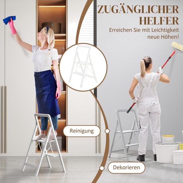 Szene mit zwei Frauen, die eine Haushaltsleiter zum Reinigen und Dekorieren benutzen.