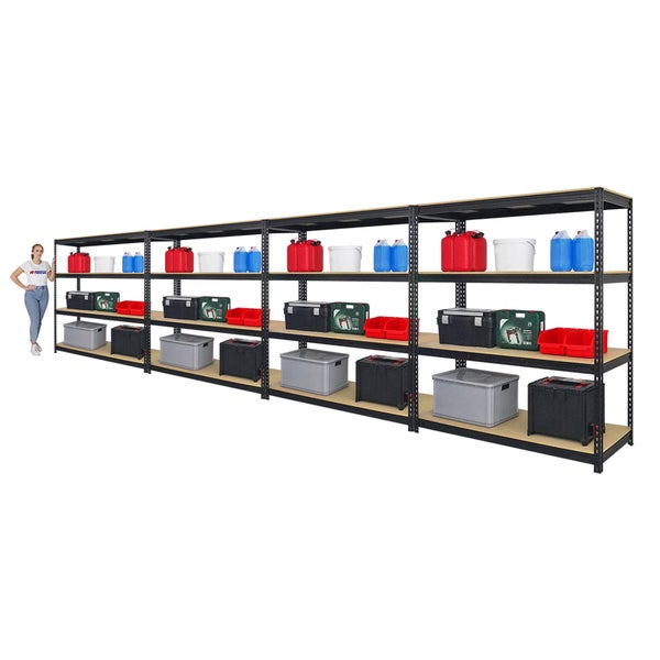 PROREGAL Mega Deal 4x Profi Schwerlastregal Bison HxBxT 200 x 180 x 60 cm 4 Fachböden Fachlast 600 kg Schwarz