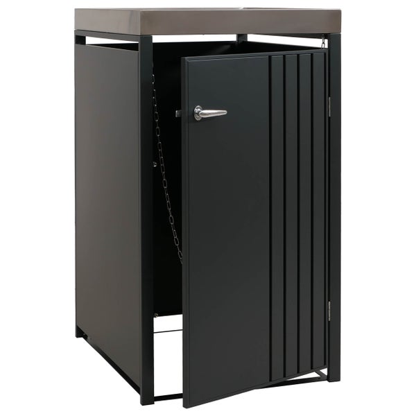 Mülltonnenbox mit einer Tür, die geöffnet ist, und einer Arbeitsplatte.