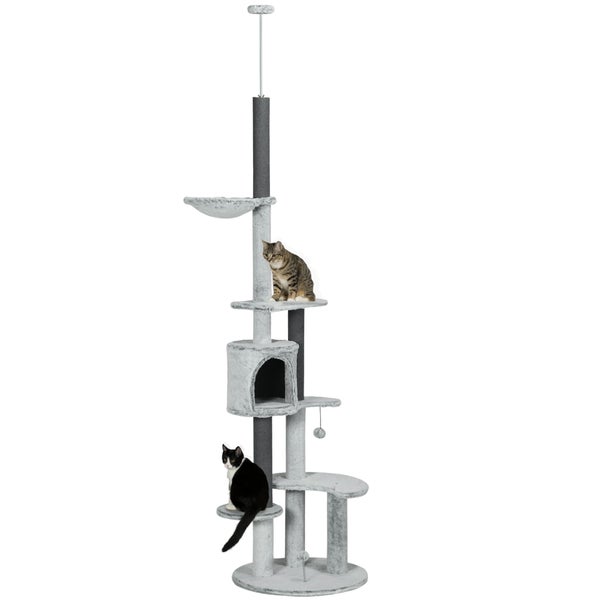PawHut Kratzbaum Deckenhoch, Katzenbaum, 225-255 cm Katzenkratzbaum mit Katzenhöhle, Kratzstämmen, Korb, Spielball, Katzenmöbel mit Kippschutz, Grau