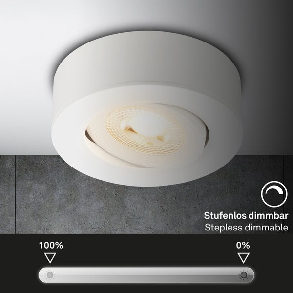 Runder weißer LED Aufbaustrahler, stufenlos dimmbar von 100 Prozent bis 0 Prozent.