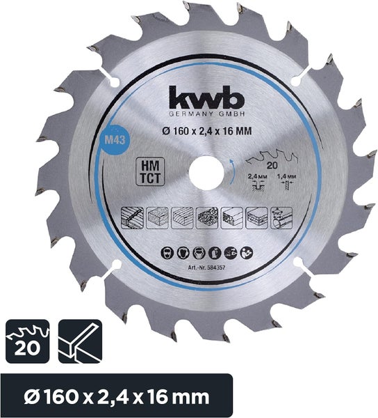 kwb Kreissägeblatt 160 x 16 mm - Schneller Schnitt, geeignet für Weich- und Hartholz, Tischlerplatten und Spanplatten - Hartmetall-Zähne, flexibles Stammblatt