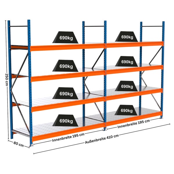 Lagerregal mit vier Ebenen, Traglast 690 Kilogramm pro Ebene und Abmessungen