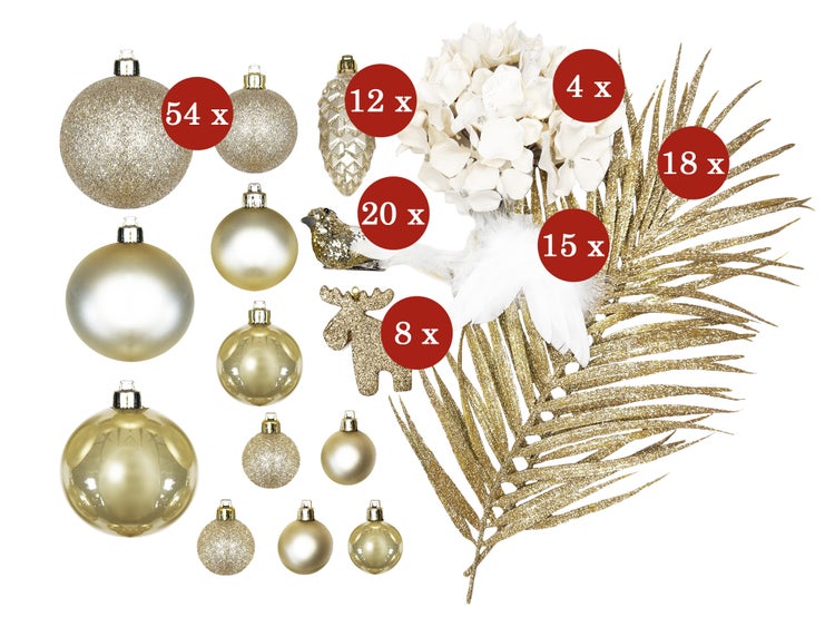 Dekorierter künstlicher Weihnachtsbaum mit 132 Ornamenten SAMETTE DELIGHT II 210 cm mit Ständer und Weihnachtsschmuck grün