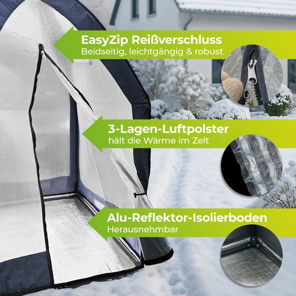 Detailansicht Gewächshaus mit leichtgängigem Reissverschluss, 3-Lagen-Luftpolster und herausnehmbarem Alu-Reflektor-Isolierboden