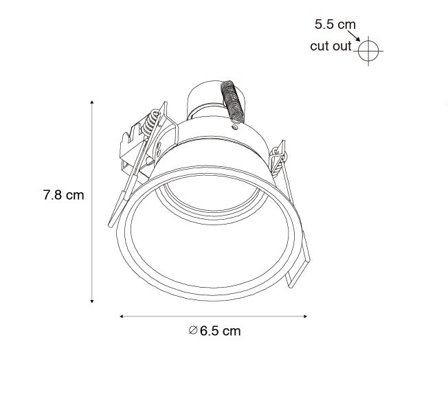 Technische Zeichnung eines Einbaustrahlers mit Maßen: Höhe 7,8 Zentimeter, Durchmesser 6,5 Zentimeter und Lochausschnitt 5,5 Zentimeter.