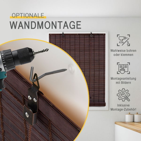 Bambusrollo mit optionaler Wandmontage, Darstellung von Montage mit Bohrer und Schraubhaken inklusive Zubehör und bebilderter Anleitung.