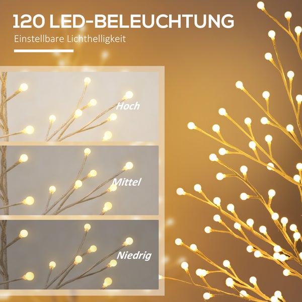 HOMCOM 150 cm Lichterbaum, Birkenbaum mit 120 Warmweiß 3 Helligkeitsstufen LED, Weihnachtsbaum Birken, Led Baum Kunstbirke für Party, Geburtstag, Hochzeit IP44 Weiß